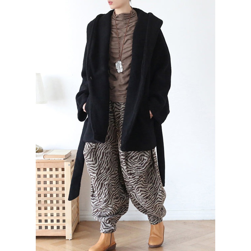Black Tie Waist Woolen Hooded Coat Long Sleeve