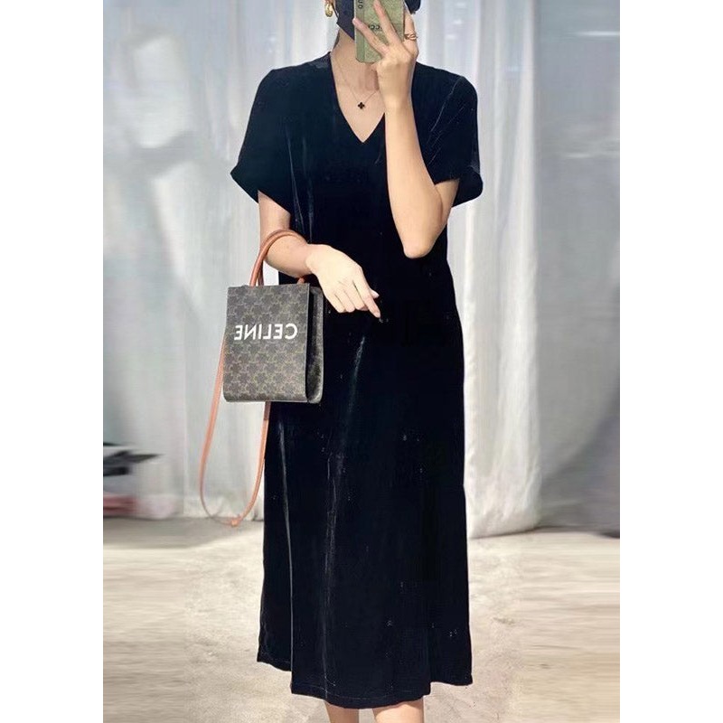 Black V Neck Silk Velour Dress Short Sleeve