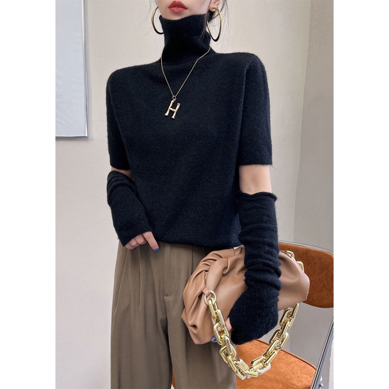 Black Warm Knit Original Design Sweater Tops Turtle Neck Winter
