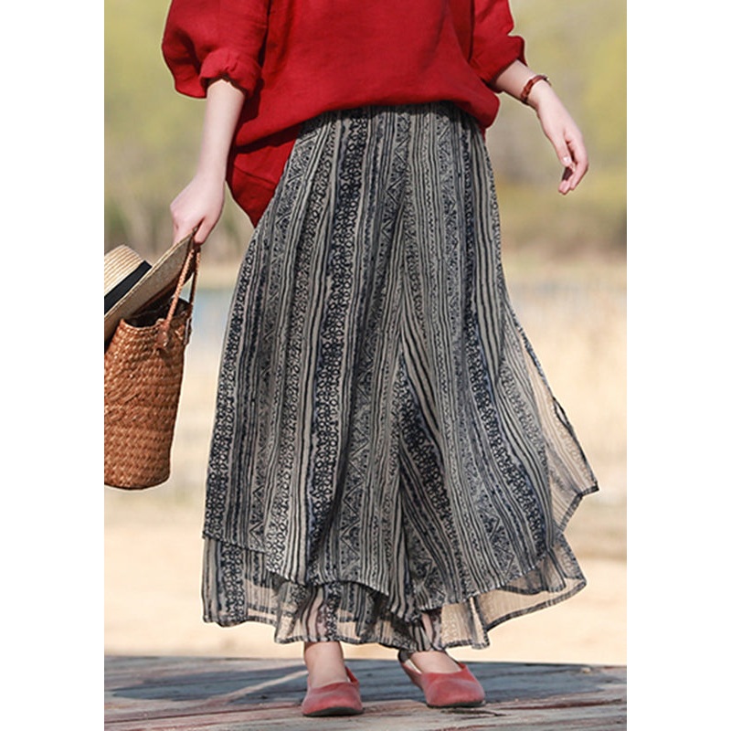 Blackish Blue Elastic Waist Silk Wide Leg Pants skirt Summer