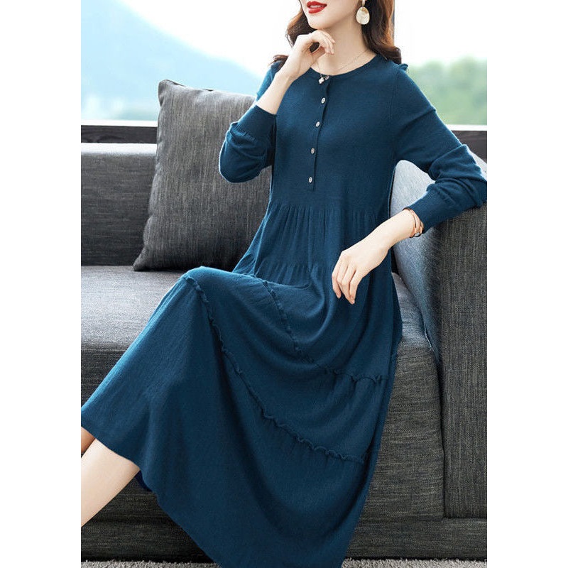 Blue Knit Sweater Dress O-Neck Ruffled Solid Button Winter