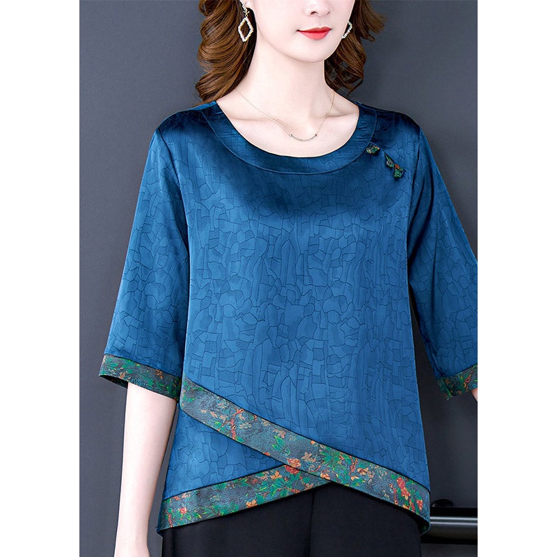 Blue O-Neck Asymmetrical Print Silk Tops Half Sleeve