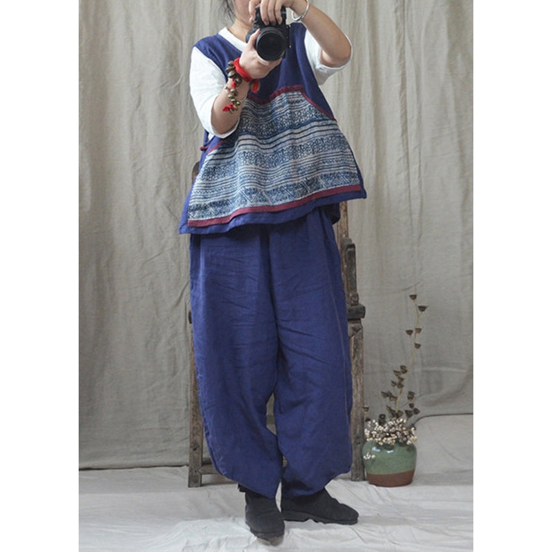 Blue O-Neck Patchwork Linen Tank Top Fall