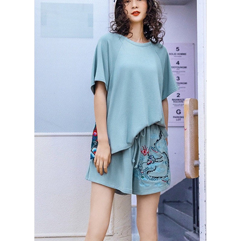 Blue O-Neck Top And Shorts Two Pieces Set Summer