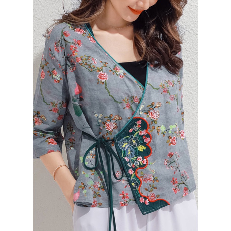 Blue V Neck Tie Waist Shirt Half Sleeve