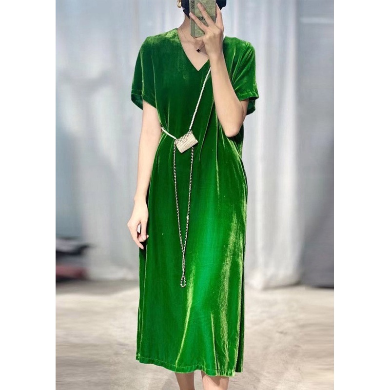 Bohemian Black Green V Neck Silk Velour Long Dresses Short Sleeve
