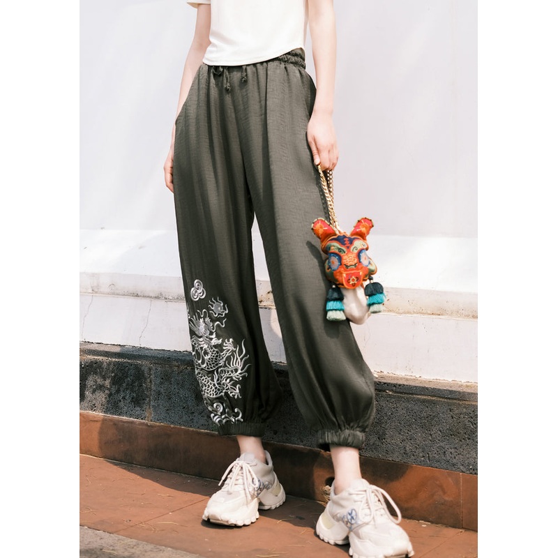 Boho Black Embroideried Pockets Tie Waist Crop Pants Fall