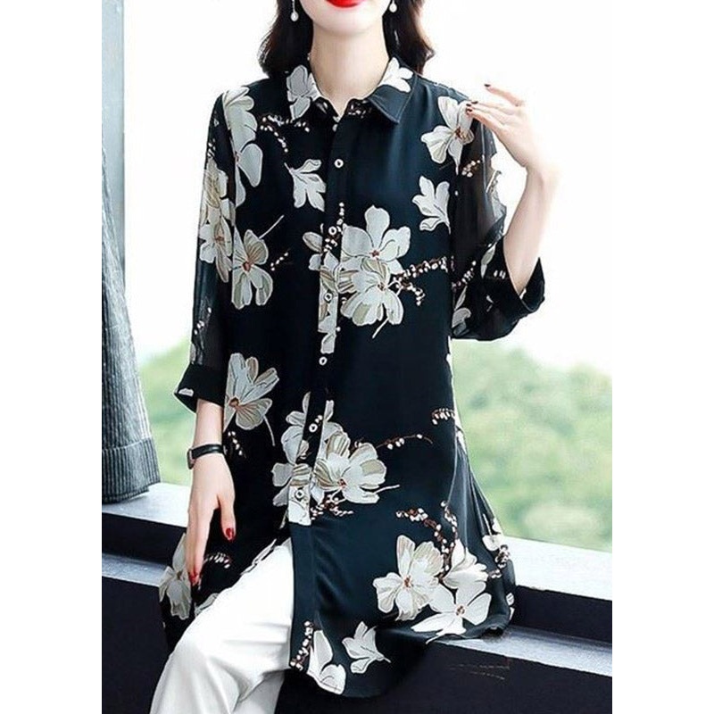 Boutique Black Peter Pan Collar Print Button Chiffon Shirts Long Sleeve