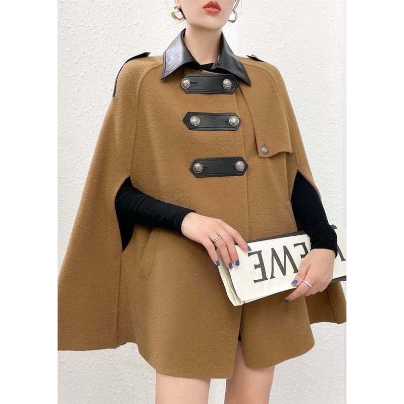 Boutique Khaki Turn-down Collar Faux Leather Patchwork Woolen Coats Winter