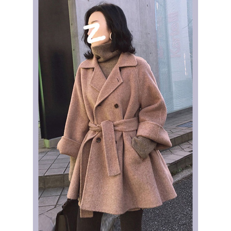 Boutique Pink Peter Pan Collar Sashes Bouble Breast Thick Woolen Coats Winter
