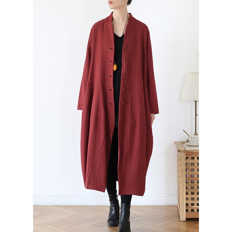 Brick Red V Neck Button Linen Trench Coats Long Sleeve