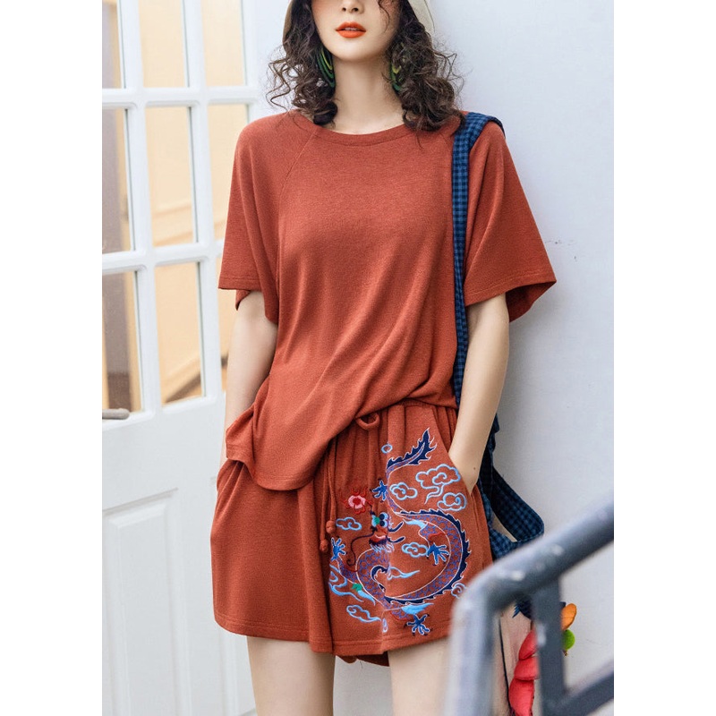 Brief Red Embroideried Floral Knit Top And Shorts Two Pieces Set Summer