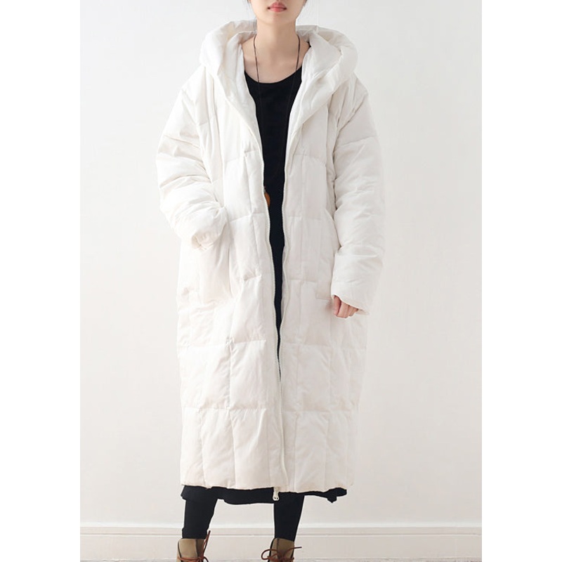 Brief White Zippered Pockets Hooded Down Coat Long Sleeve