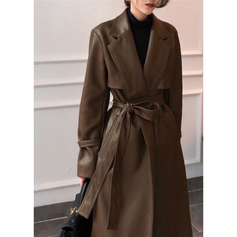 Brown Solid Color Faux Leather Trench Coats Notched Collar Sashes Winter