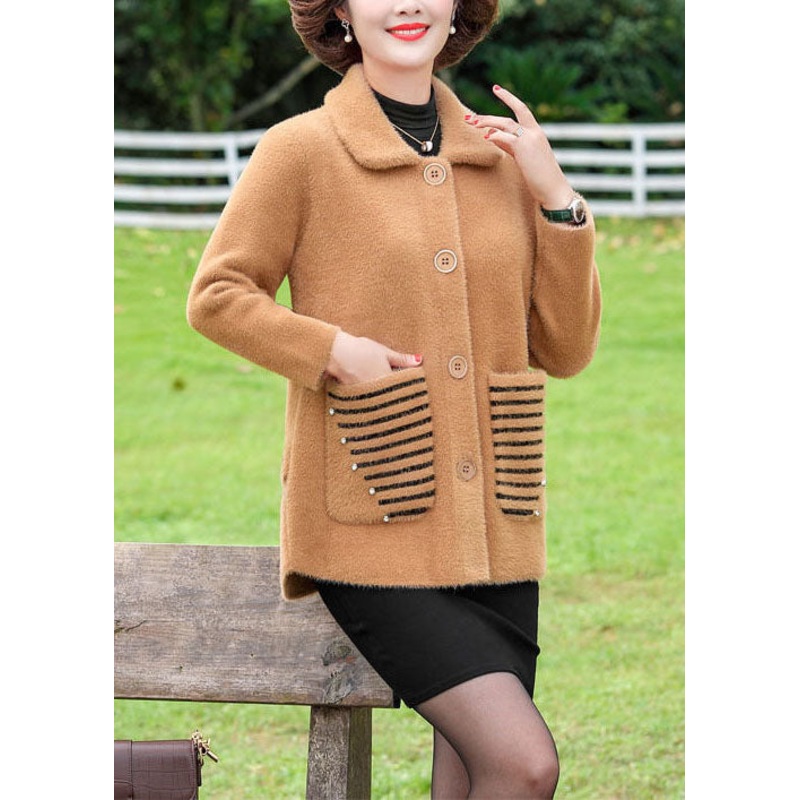 Camel Warm Mink Hair Knitted Coat Outwear Nail Bead Pockets Winter
