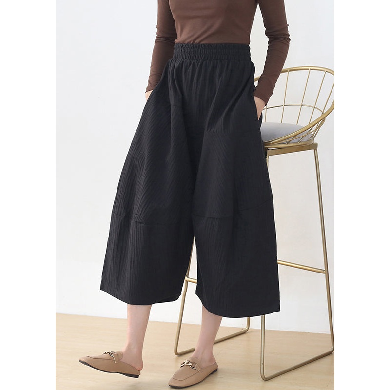Casual Black Elastic Waist Pockets Linen Wide Leg Pants Fall
