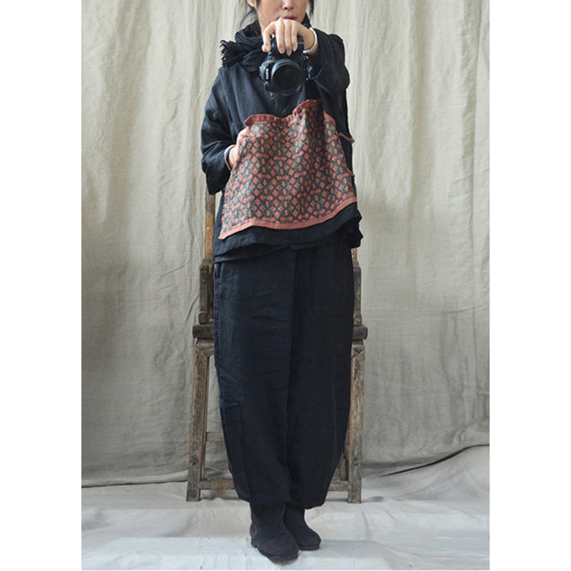 Casual Black O-Neck Print Linen Waistcoat And Pants Two Pieces Set Fall