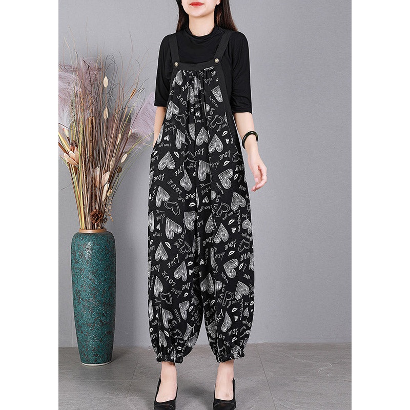 Casual Black Slash Neck Button Print Cotton Pockets Jumpsuits Summer