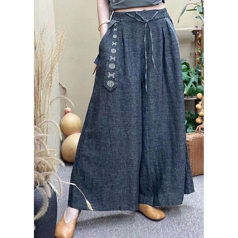 Casual Blue Pockets Tie Waist Straight Pants Summer