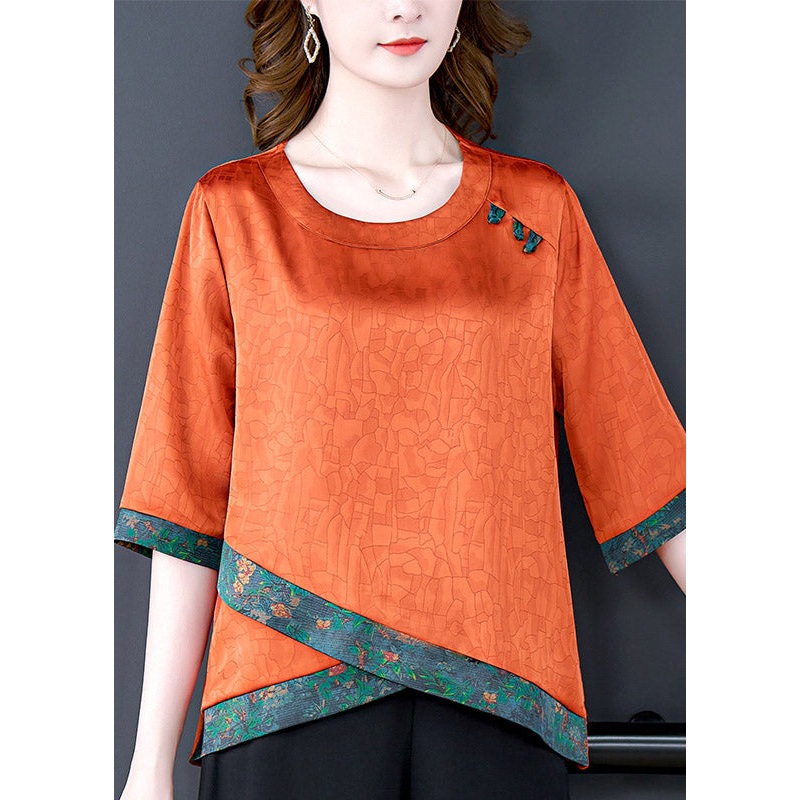 Casual Caramel O-Neck low high design Silk Tops Half Sleeve