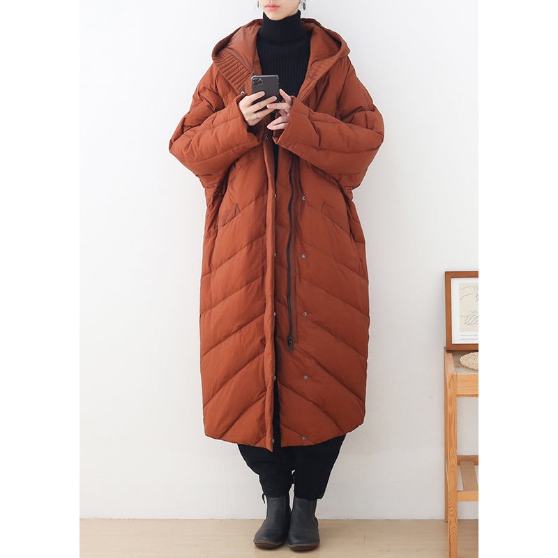Casual Caramel Zippered Button Pockets Hooded Down Coat Long Sleeve