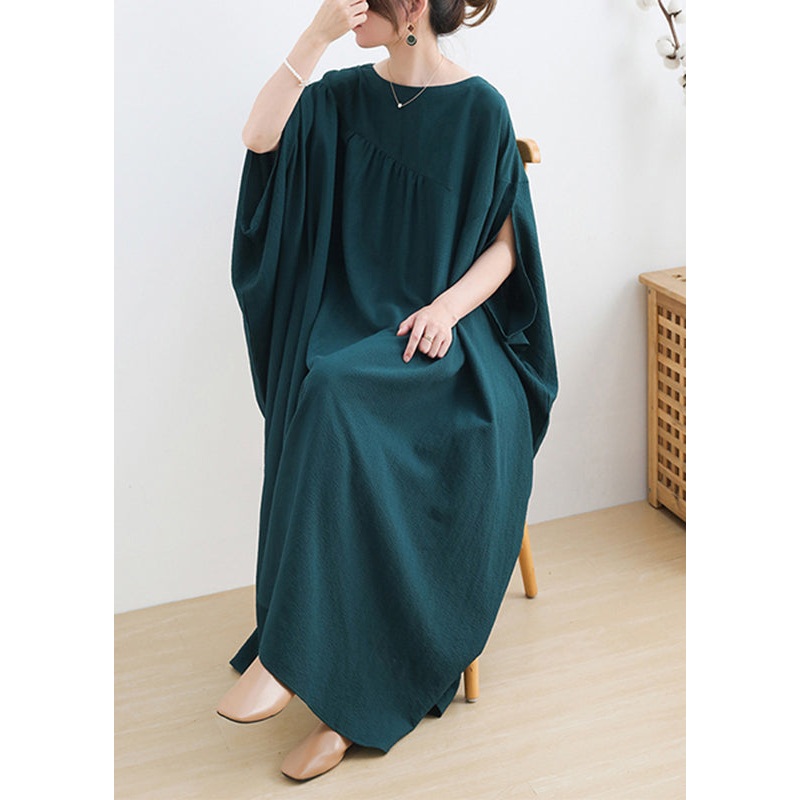 Casual Green O-Neck Asymmetrical Cotton Long Dress Short Sleeve