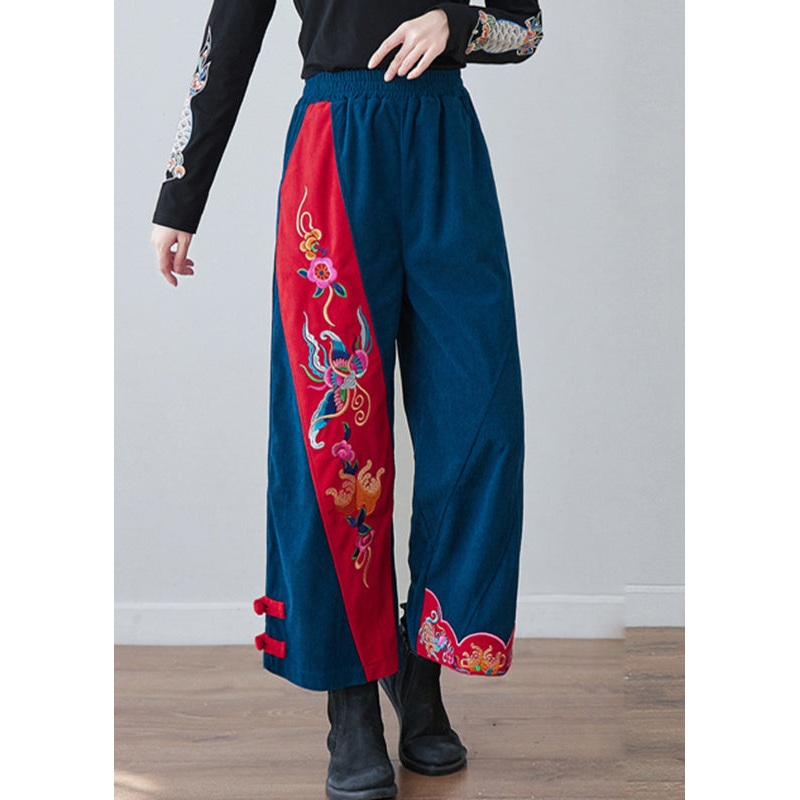 Casual Navy Embroideried Floral Pockets Elastic Waist Crop Pants Fall