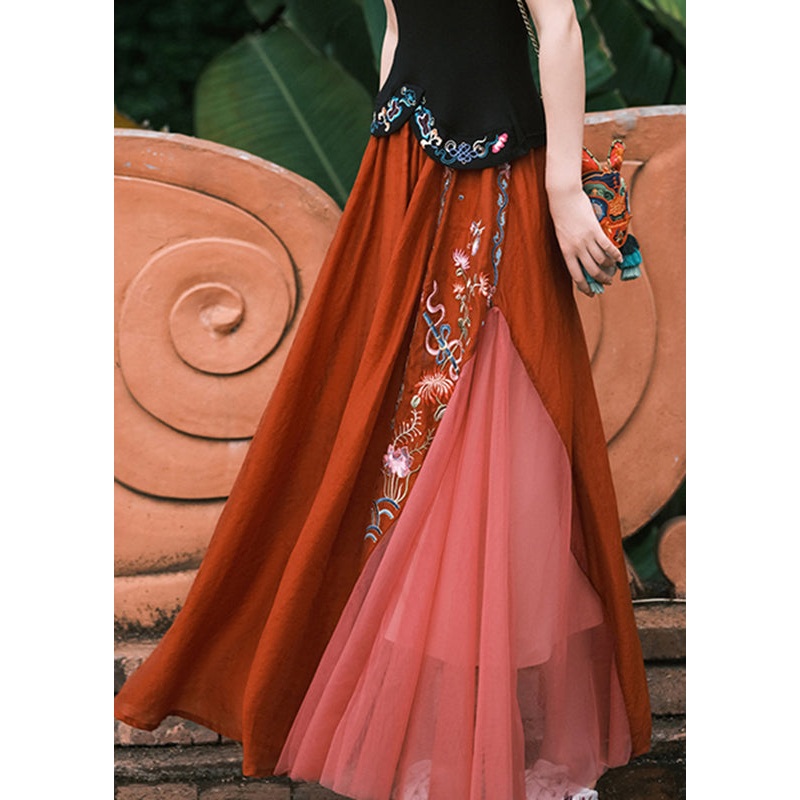 Casual Red Embroideried Floral Tulle A Line Skirt Summer