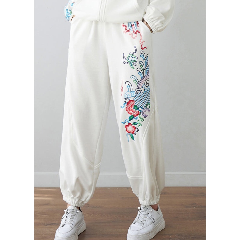 Casual White Embroideried Floral High Waist Pockets Beam Pants Fall