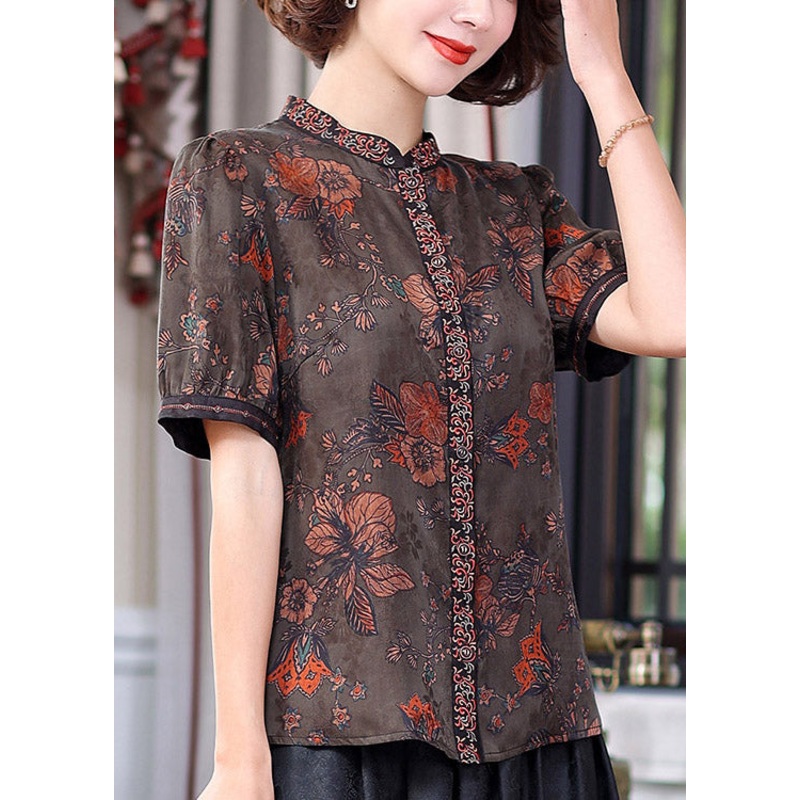 Chinese Style Blue Stand Collar Embroideried Floral Button Silk Top Short Sleeve