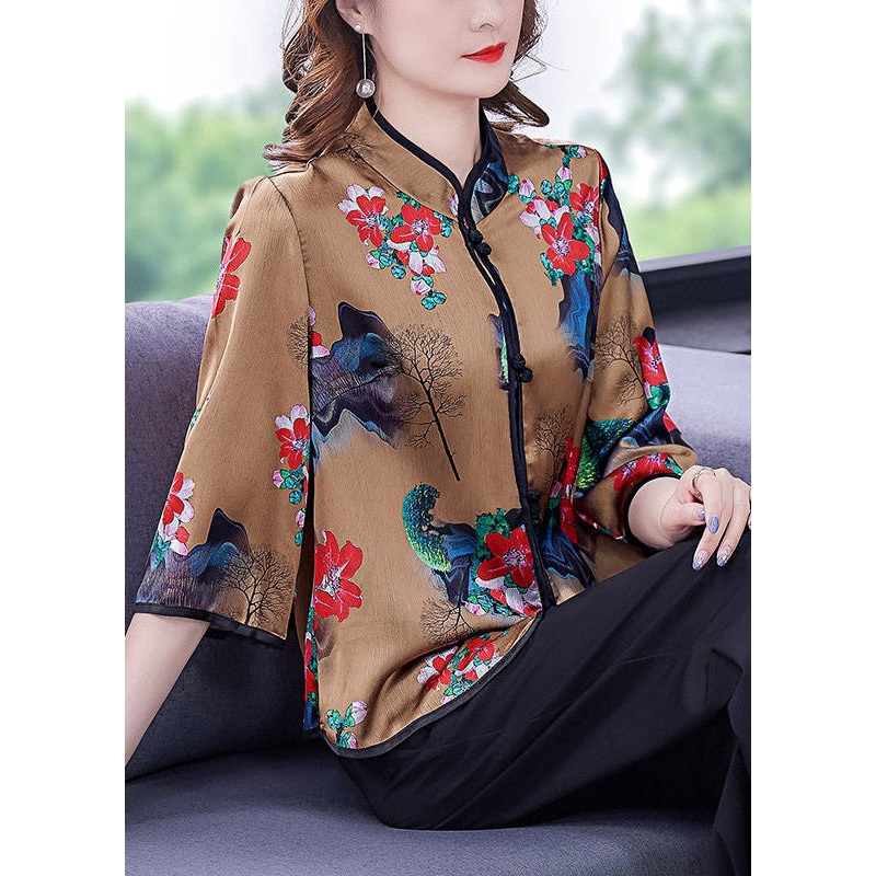 Chinese Style Khaki Stand Collar Print Button Silk Shirts Long Sleeve