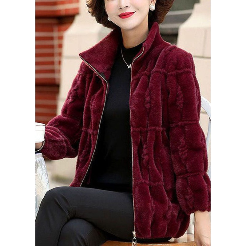 Classy Mulberry Peter Pan Collar Zip Up Mink Hair Knitted Coat Winter
