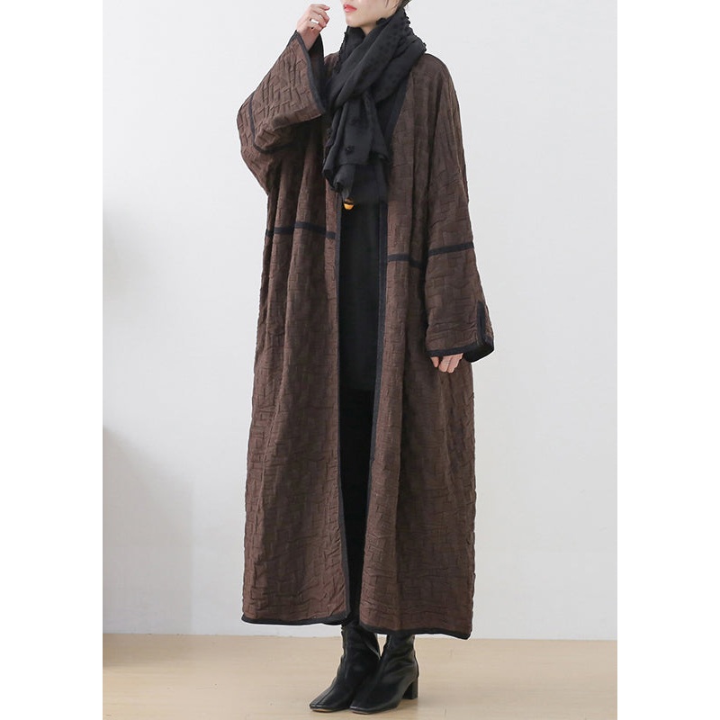 Coffee Colour V Neck Patchwork Woolen Trench Coats Long Sleeve