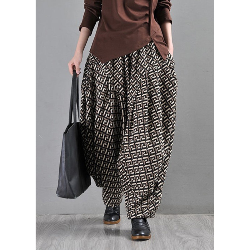 Coffee Pockets Print Elastic Waist Pants Fall