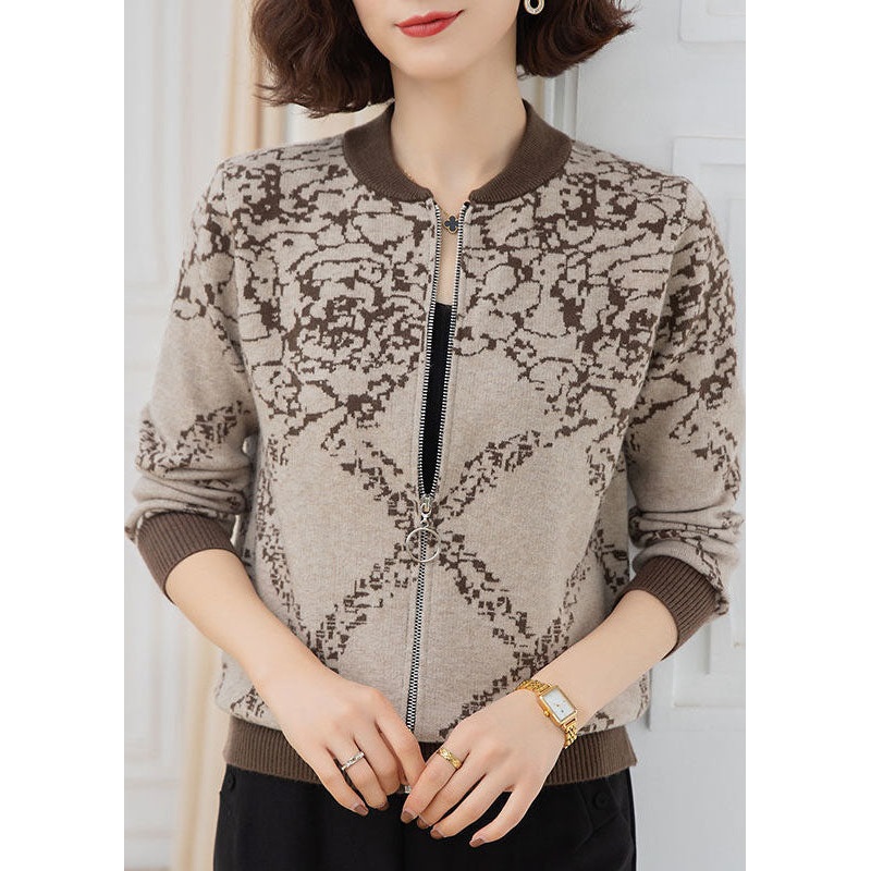 Coffee Print Woolen Coats Zip Up Thick Long Sleeve