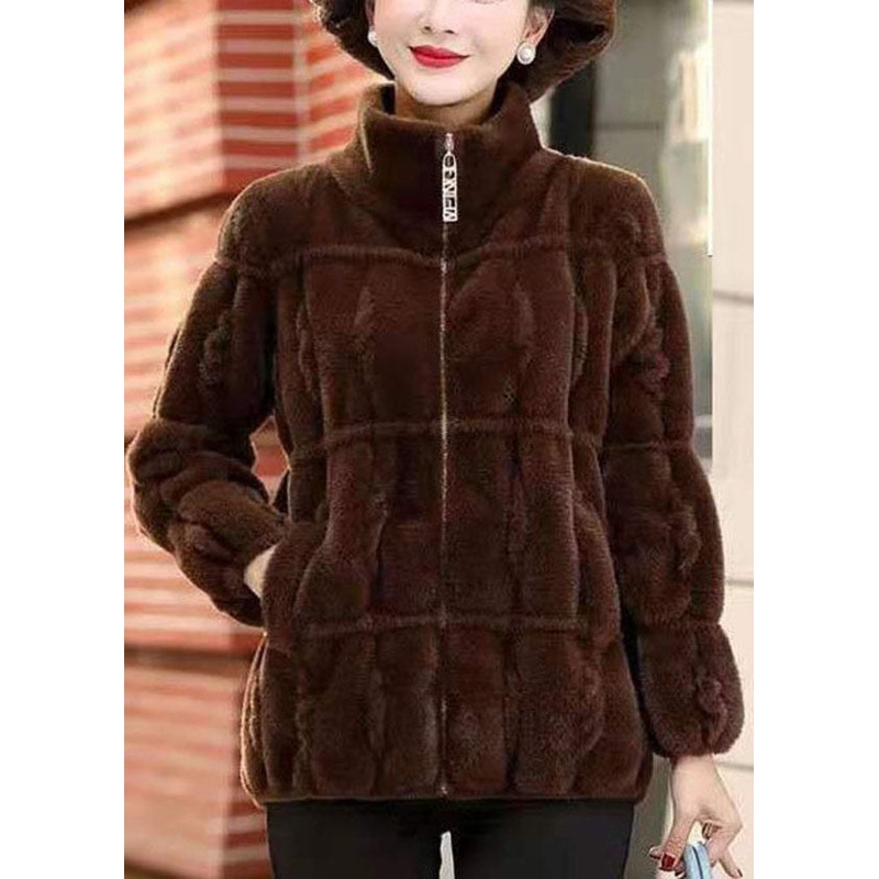 Coffee Warm Mink Hair Knitted Jackets Zip Up Pockets Winter