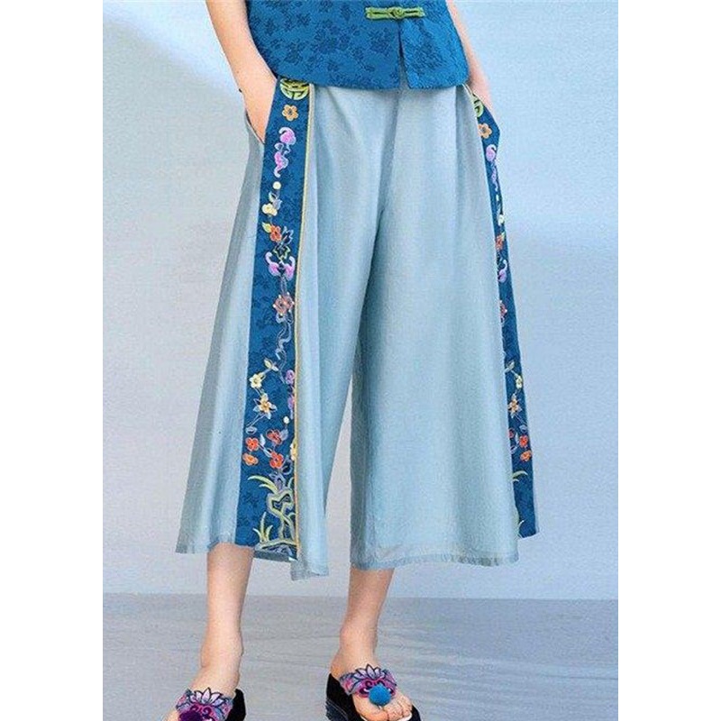 Cute Blue Embroideried Elastic Waist Pockets Cotton Crop Pants Summer