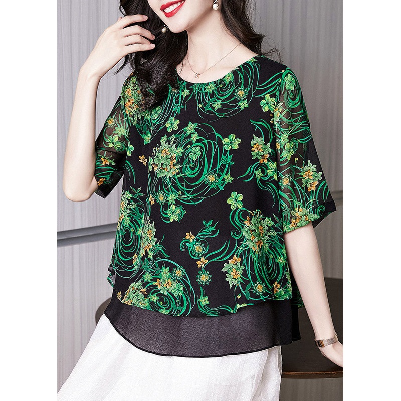 Diy Black O-Neck Print Layered Chiffon Top Short Sleeve