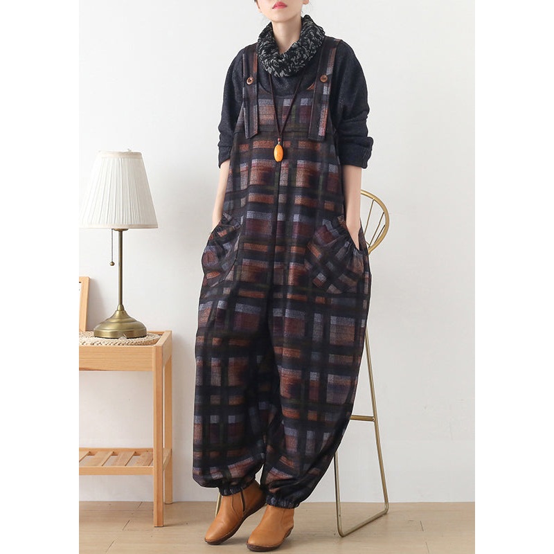 DIY Coffee Colour Plaid Button Woolen Jumpsuit Pants Fall