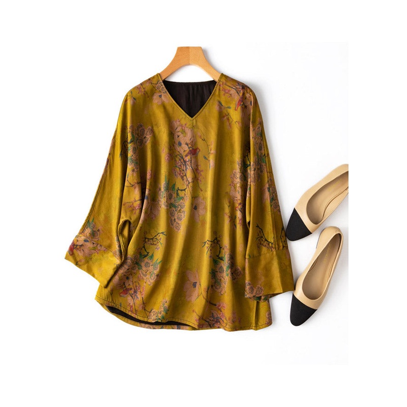 DIY Yellow V Neck Print Silk Top Long Sleeve