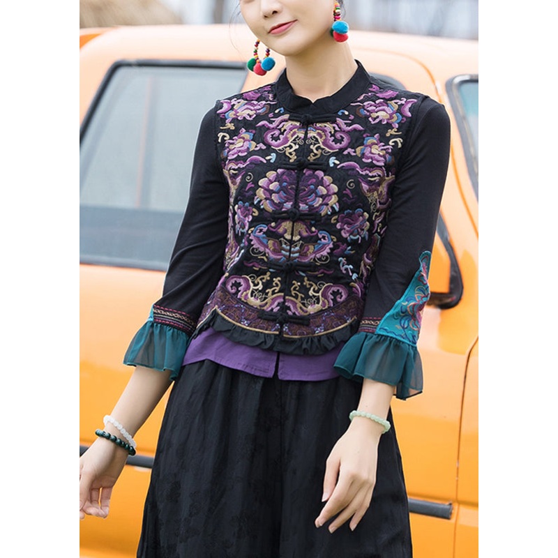 Elegant Black Stand Collar Embroideried Floral Linen Waistcoat Fall