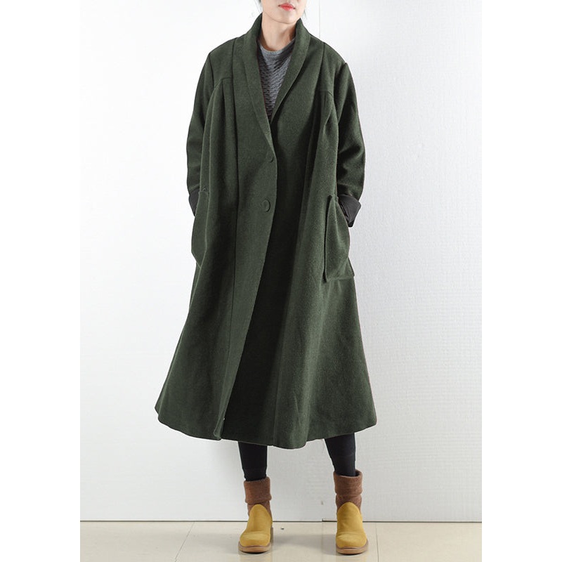 Elegant Green Notched Button Pockets Woolen Trench Coats Long Sleeve