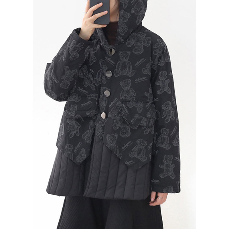 Fashion Black Button Patchwork Print Pockets Hooded Parka Long Sleeve
