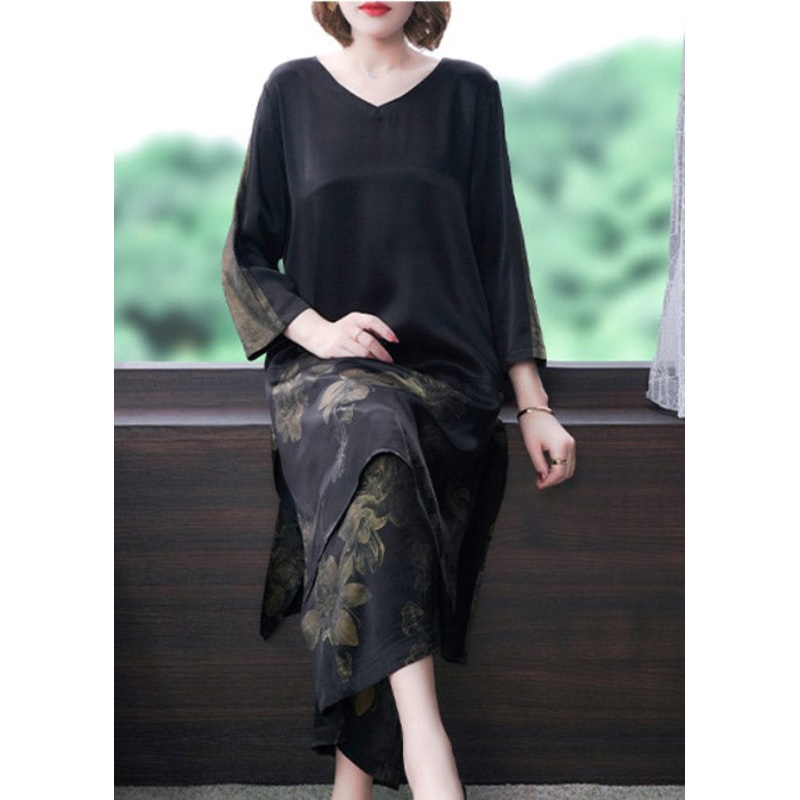 Fashion Black V Neck Print Silk Top And Pants Two Pieces Set Spring