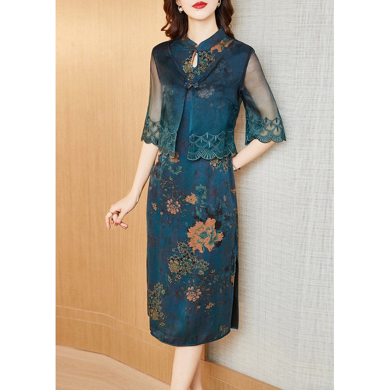 Fashion Blue Stand Collar Cardigans And Long Dress Silk Two Pieces Set Summer