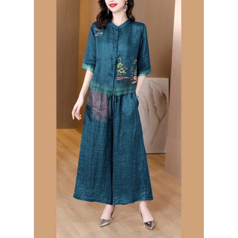 Fashion Green V Neck Button Linen Top And Pants Two Piece Suit Set Short Sleeve