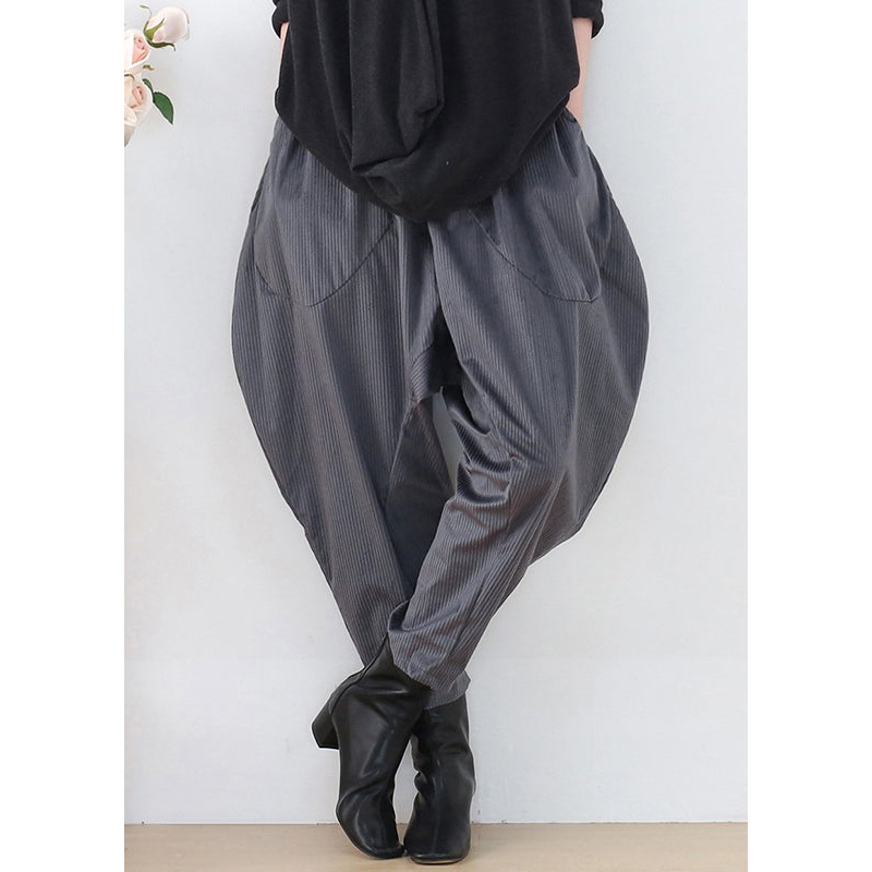 Fashion Grey Pockets Patchwork Elastic Waist Corduroy Lantern Pants Fall