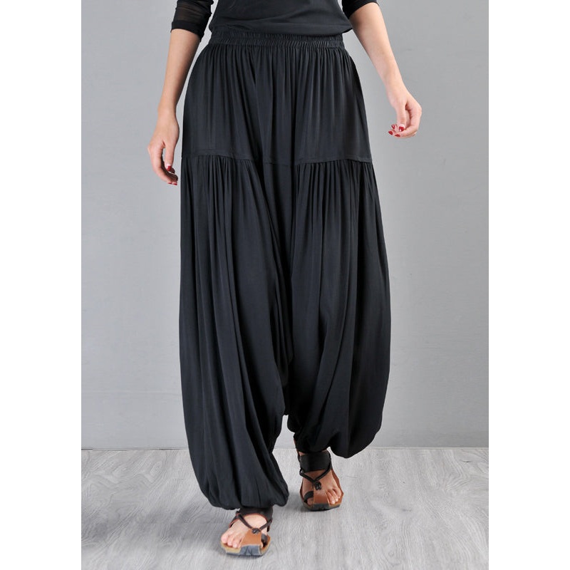Fine Black Elastic Waist Patchwork Cotton Beam Pants Summer