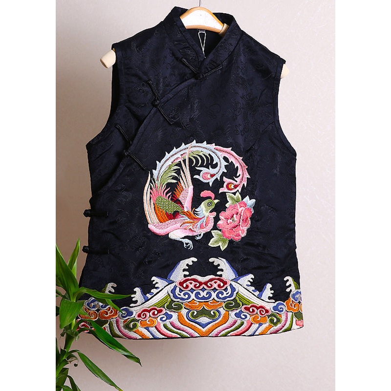 Fitted Black Stand Collar Embroidered Floral Button Waistcoat Fall