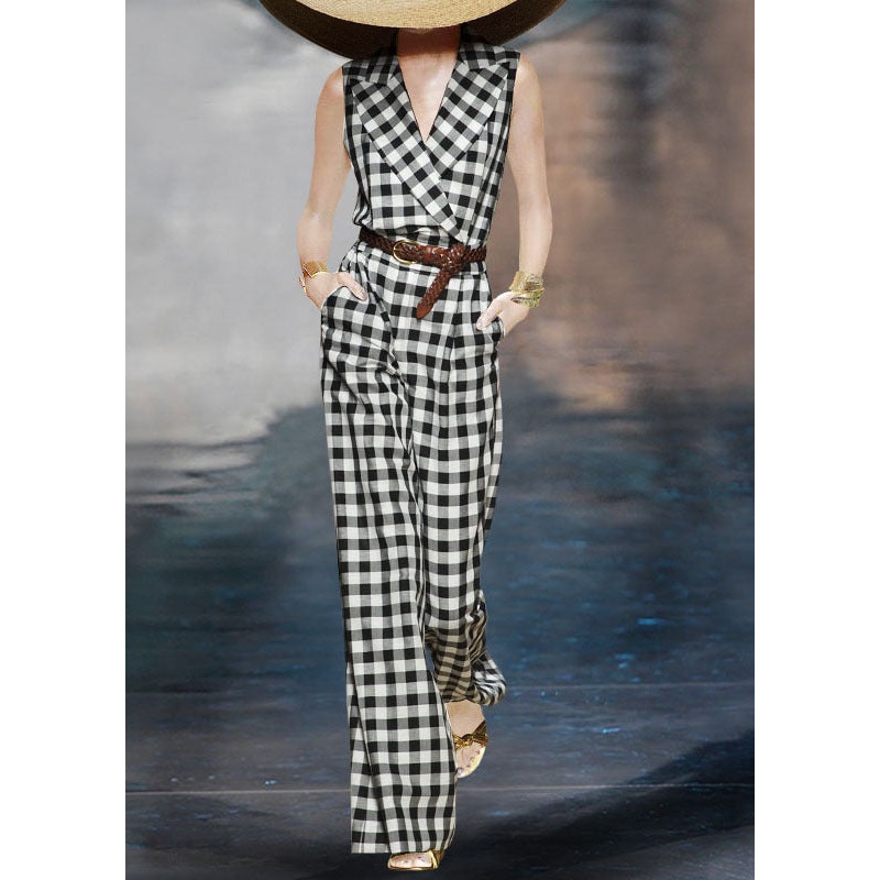 French Black White Plaid Cotton Jumpsuit Wide Leg Pants Sleeveless